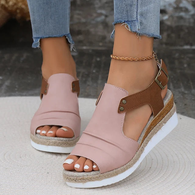 Women's open toe wedge sandals with adjustable buckle strap, cushioned sole, chic warm-weather style