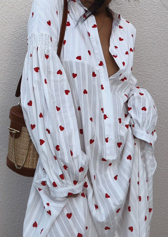 White jacquard cotton maxi shirt dress with balloon sleeves and bold red heart embroidery