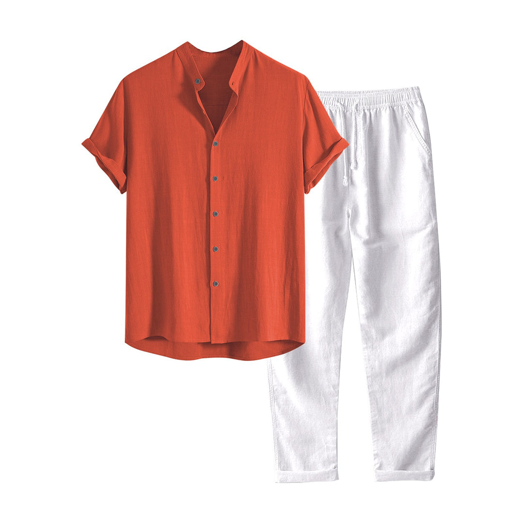Men's breathable casual short-sleeve shirt and straight-leg pants summer set for travel
