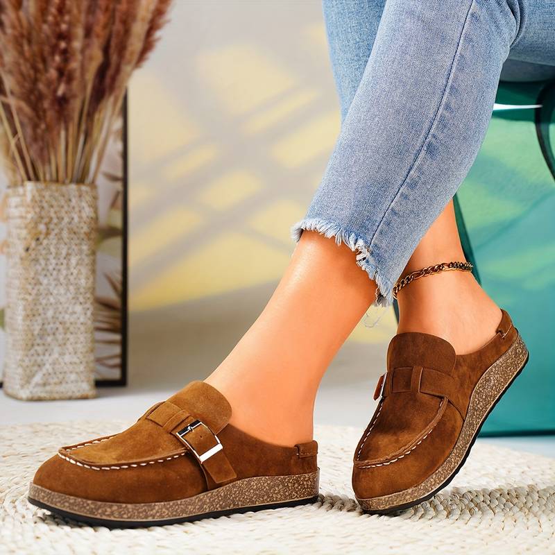 Men's brown suede leather sandals semi-open moccasin style with lightweight cork insole