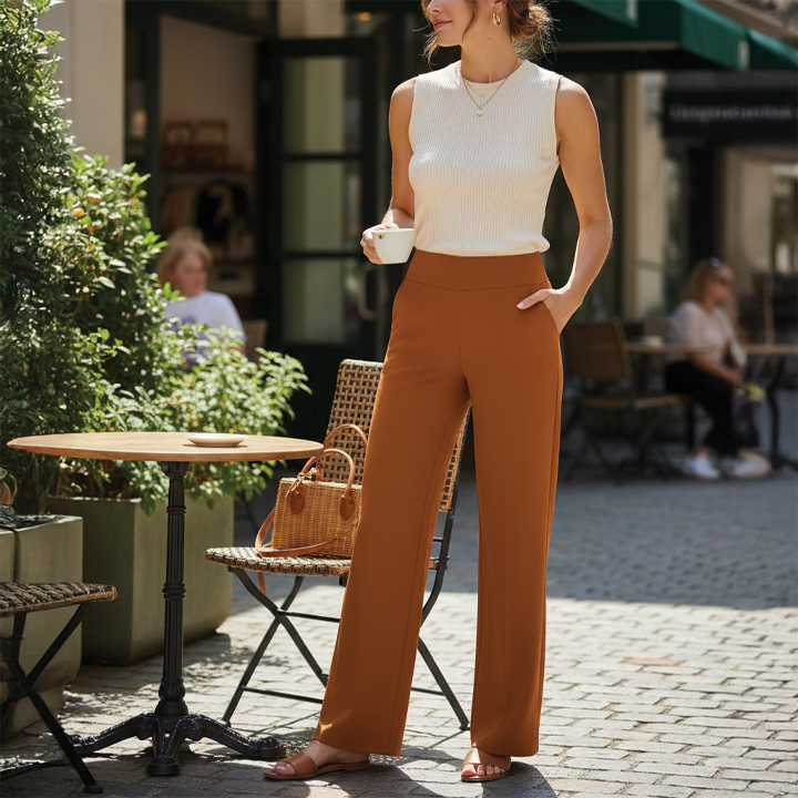 Julie wide-leg high-rise trousers for women, relaxed silhouette with sleek front panel, office-ready