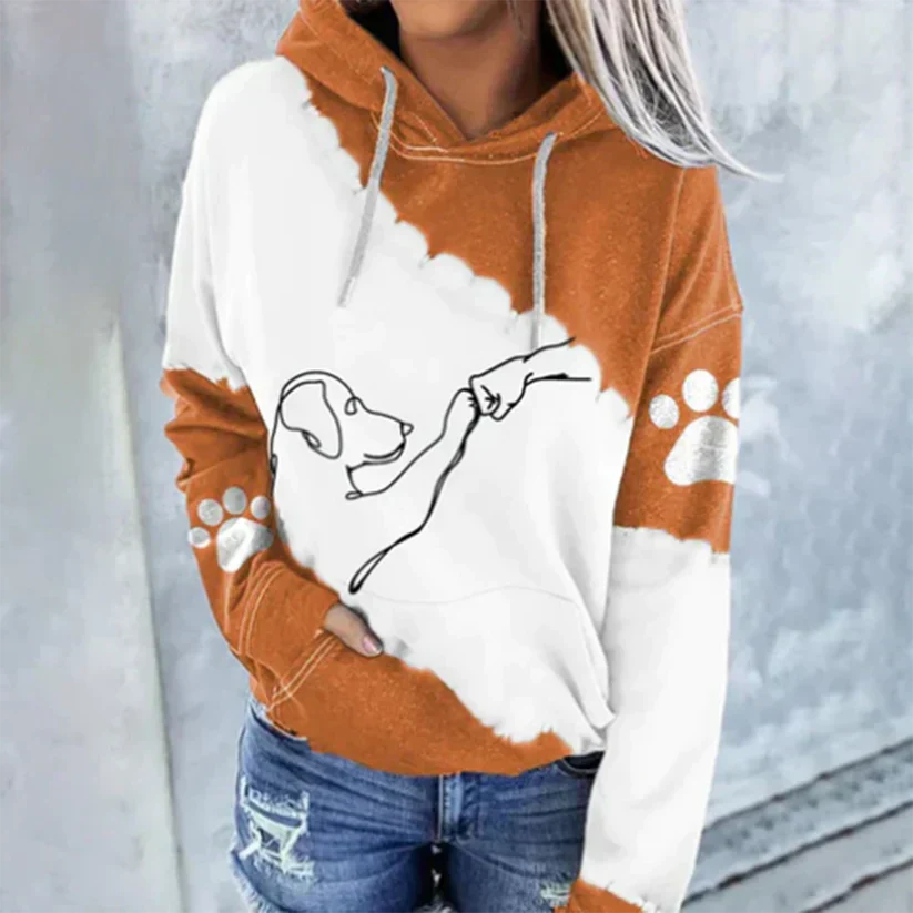 Relaxed fit dog print hoodie in soft neutral tones with playful all-over animal graphic design