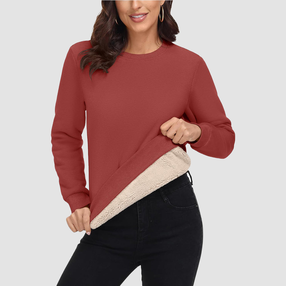 Women's fleece crewneck sweatshirt with sherpa lining, soft cotton blend, cozy winter warmth style