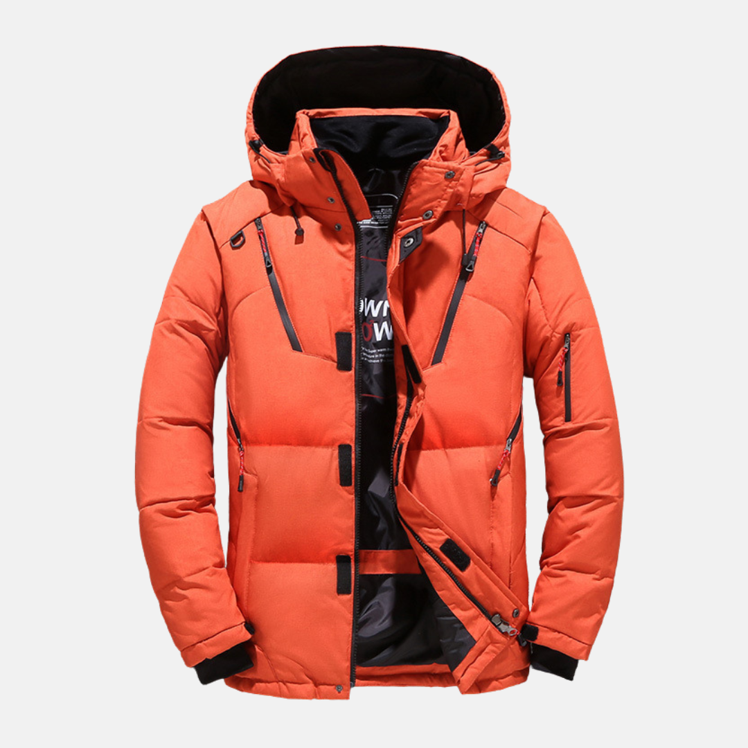 Men's black insulated puffer hooded coat relaxed fit hip-length with zippered pockets quilted design