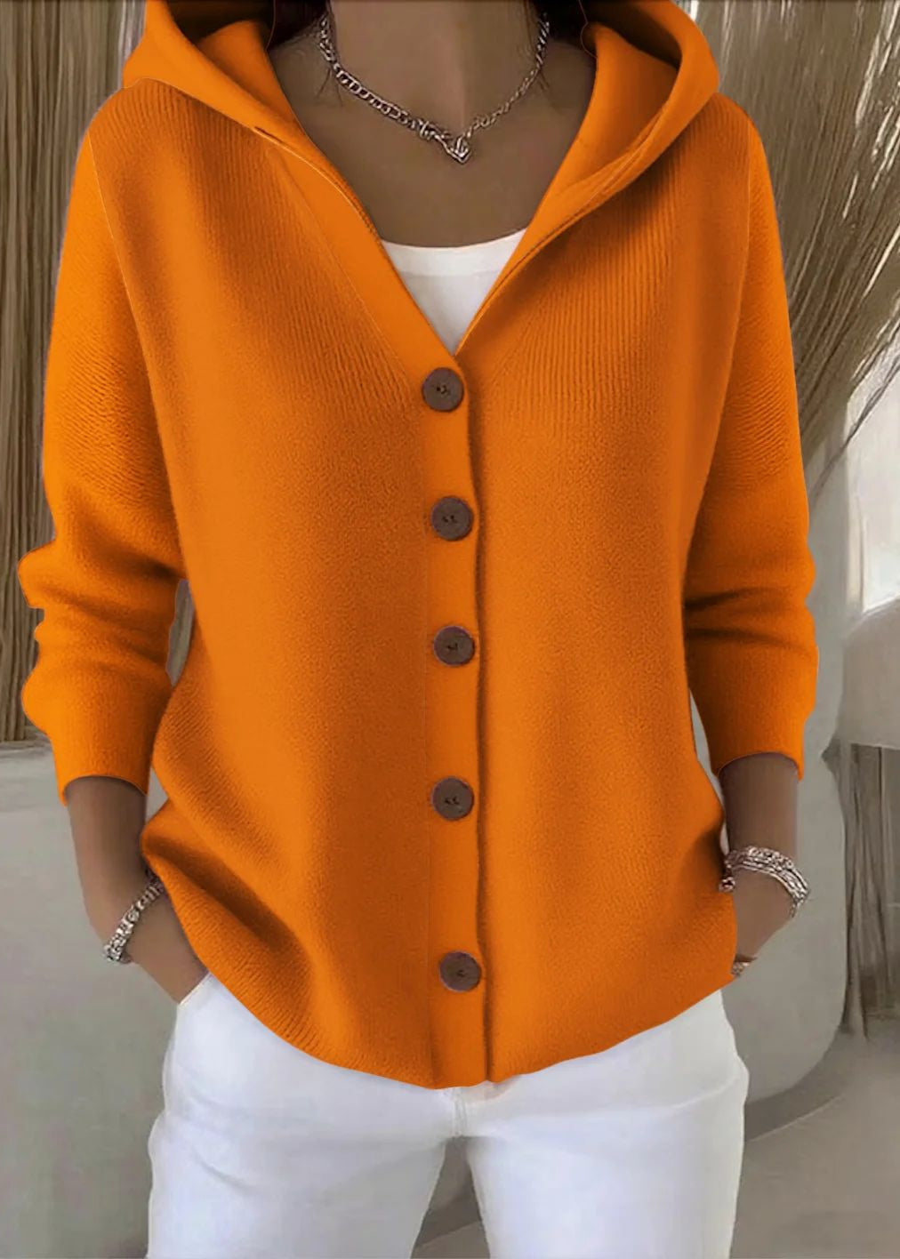 Women's hooded knit cardigan beige minimalist silhouette full button-front with wooden buttons