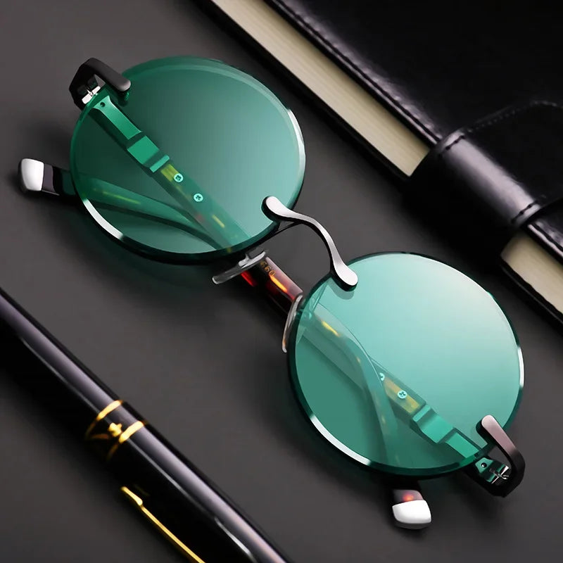 Orbitron frameless round sunglasses silver rim clips circular lens minimalist everyday style