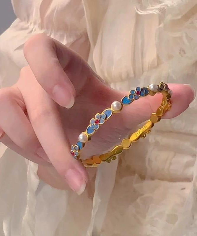 Bracelet original en perles d'or bleu antique et floral - Urbann-Vibe
