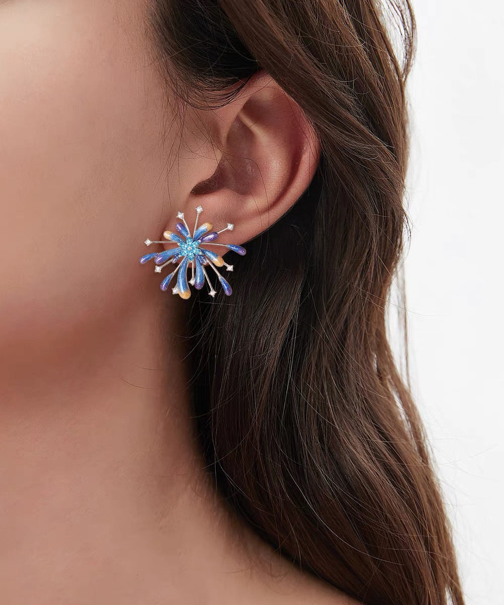Boucles d'oreilles à tige originales en argent sterling bleu et zircon en forme de feux d'artifice - Urbann-Vibe