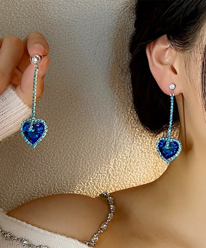 Boucles d'oreilles pendantes originales en argent sterling et zircon bleu avec motif floral Love - Urbann-Vibe