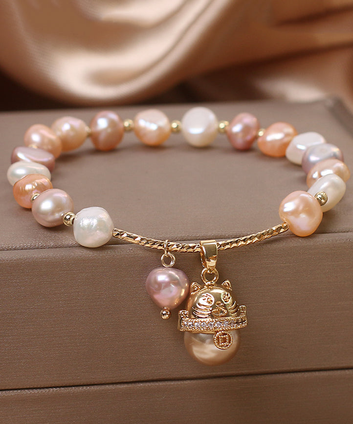 Bracelet à breloques et pompon en forme de chat porte-bonheur avec perles en cuivre champagne et surdoré, design original - Urbann-Vibe