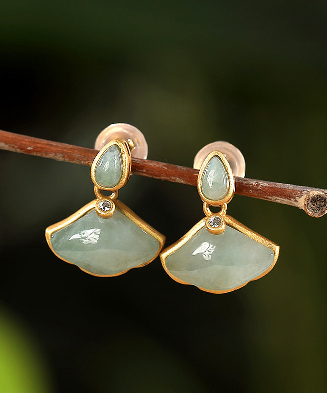 Boucles d'oreilles à tige en argent sterling cyan avec feuille de ginkgo et zircone surdoré au design original - Urbann-Vibe