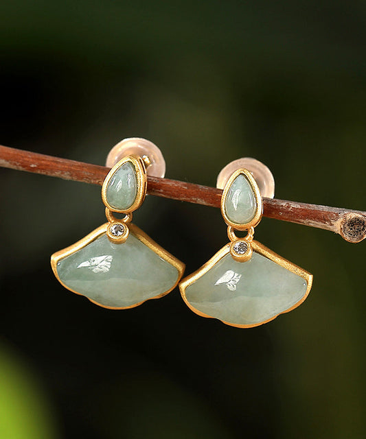 Boucles d'oreilles à tige en argent sterling cyan avec feuille de ginkgo et zircone surdoré au design original - Urbann-Vibe