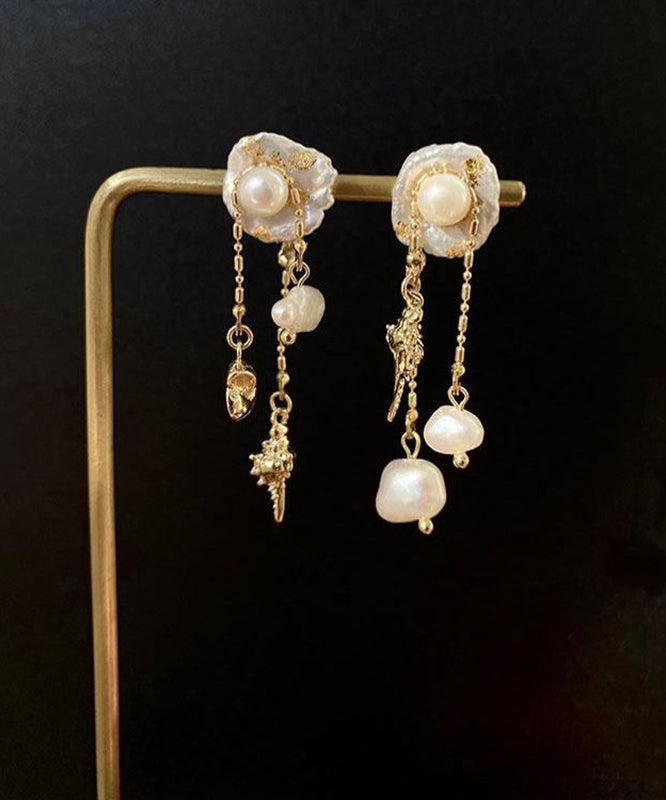 Boucles d'oreilles pendantes originales en alliage de cuivre doré et perles de conque - Urbann-Vibe