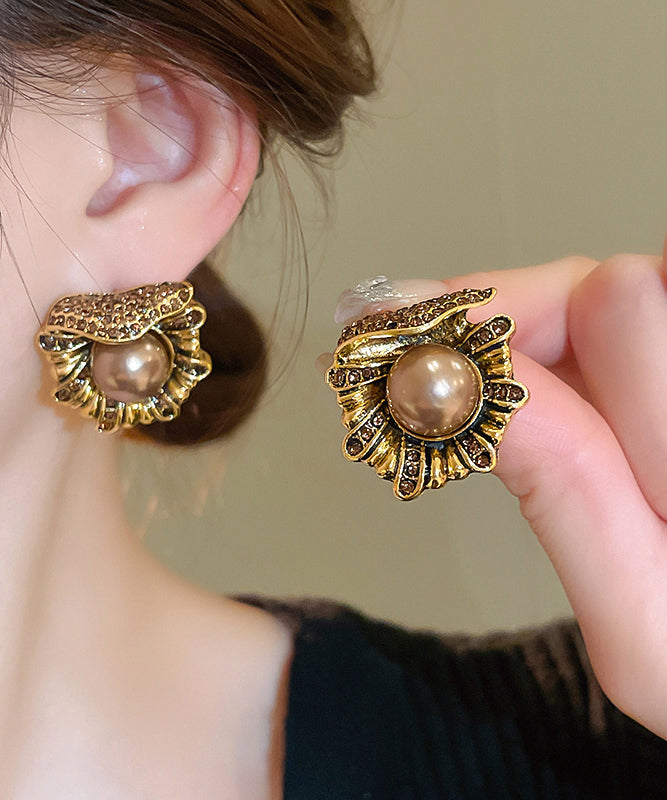 Boucles d'oreilles à tige en alliage de cuivre doré et perles de zircon au design original - Urbann-Vibe