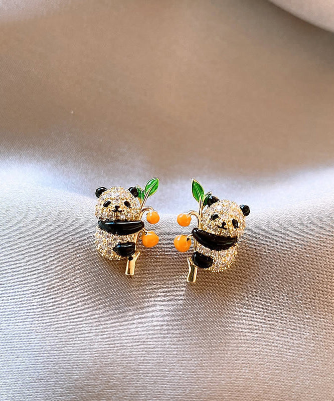 Boucles d'oreilles à tige en forme de panda kaki et zircon doré au design original - Urbann-Vibe