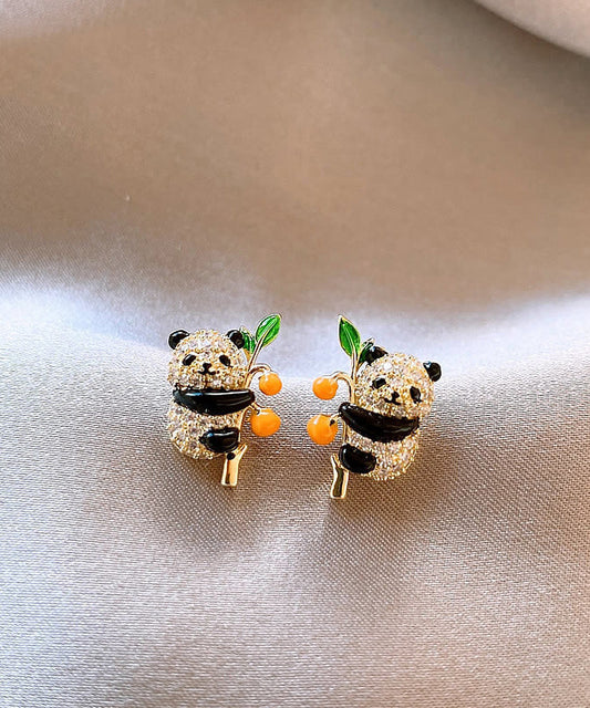 Boucles d'oreilles à tige en forme de panda kaki et zircon doré au design original - Urbann-Vibe