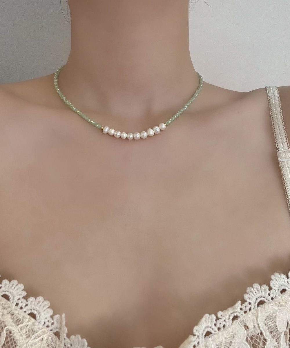 Collier de perles en acier inoxydable vert clair au design original, avec perles en cristal graduées - Urbann-Vibe