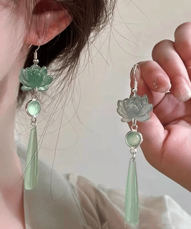 Boucles d'oreilles pendantes en argent sterling vert clair avec pierre œil de chat au design original - Urbann-Vibe