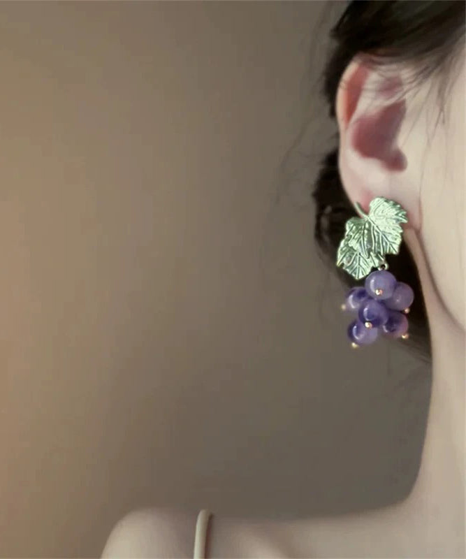 Boucles d'oreilles à tige en alliage de verre violet au design original en forme de raisin - Urbann-Vibe