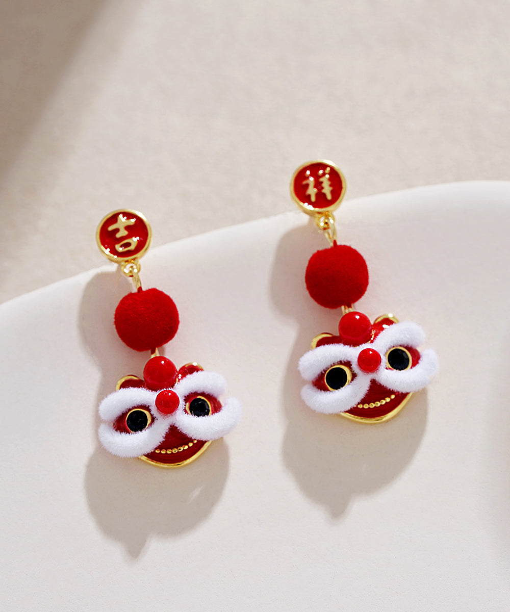 Boucles d'oreilles pendantes en velours de soie et cuivre rouge orange de conception originale Lion Dance - Urbann-Vibe