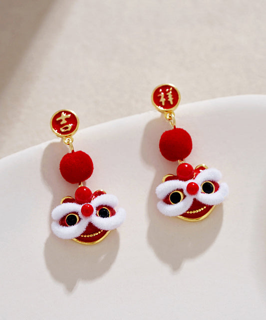 Boucles d'oreilles pendantes en velours de soie et cuivre rouge orange de conception originale Lion Dance - Urbann-Vibe