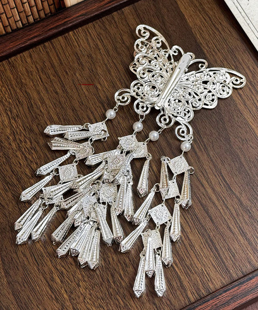 Épingle à cheveux papillon à pompon en soie, argent sterling et perle, design original - Urbann-Vibe