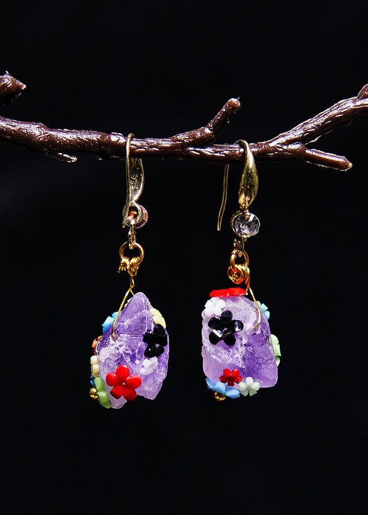 Boucles d'oreilles pendantes originales en Jade naturel violet, fleurs multicolores - Urbann-Vibe