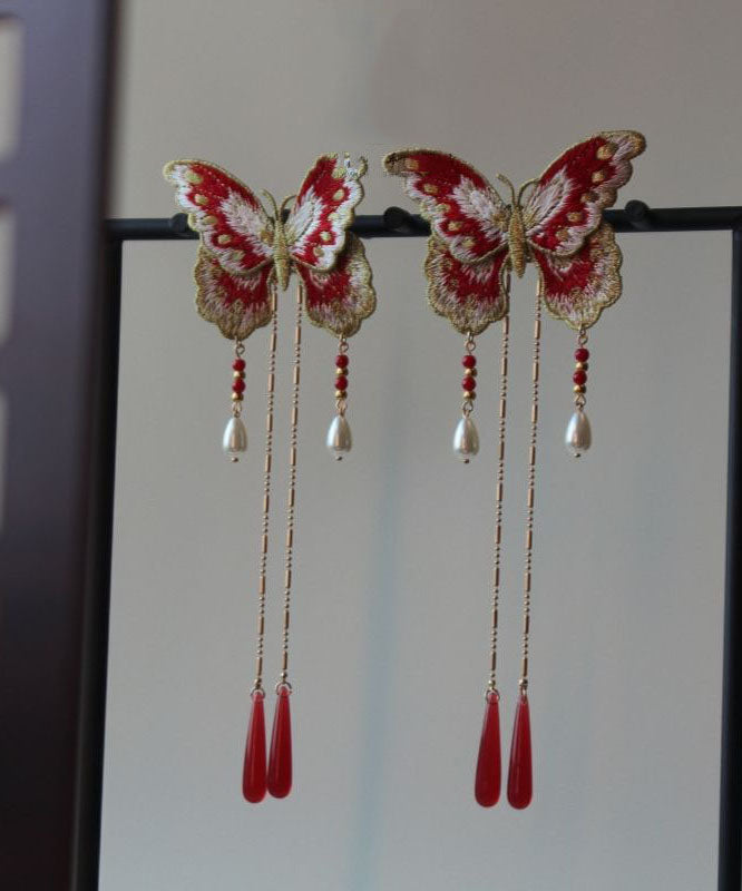 Épingle à cheveux originale en argent sterling rouge doré à broderie papillon et pompon - Urbann-Vibe