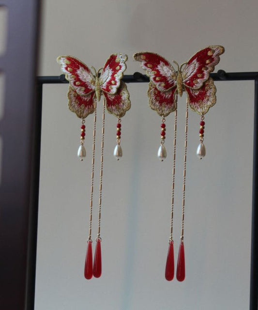 Épingle à cheveux originale en argent sterling rouge doré à broderie papillon et pompon - Urbann-Vibe
