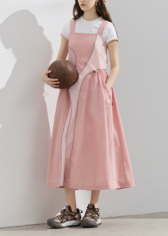 Robe d'été originale rose à bretelles et cordon de serrage asymétrique en patchwork - Urbann-Vibe