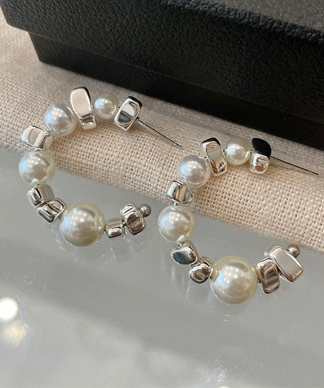 Boucles d'oreilles créoles originales en argent sterling avec perles blanches et argent brisé - Urbann-Vibe