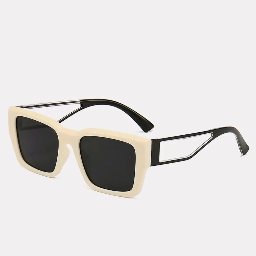 Bold geometric sunglasses with cutout temples, lightweight frames, and striking prism silhouette for trendsetters