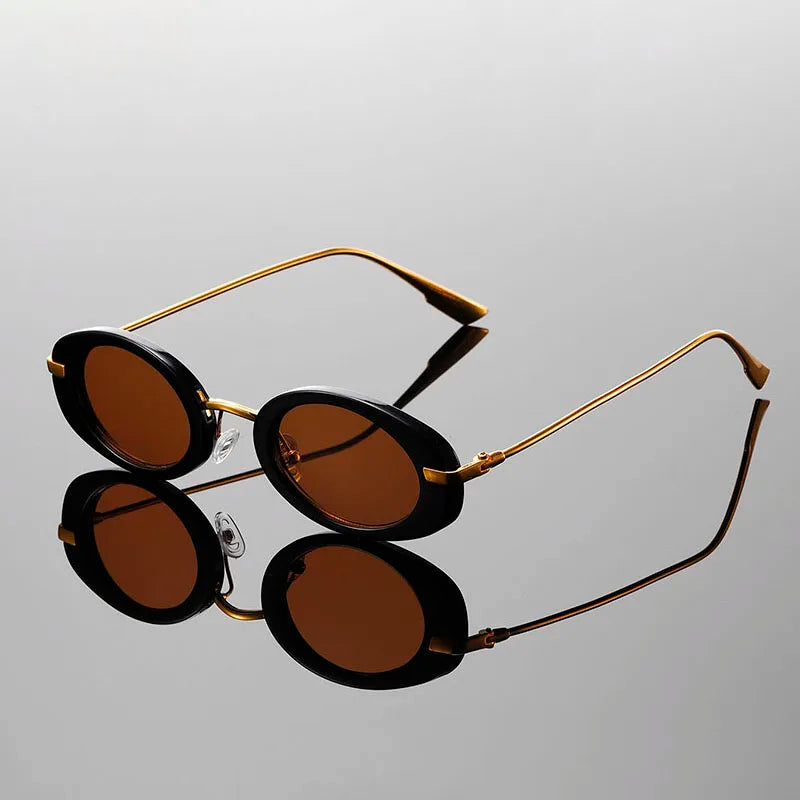 Micro oval retro sunglasses gold metal arms small lenses 90s minimalist UV defense lightweight
