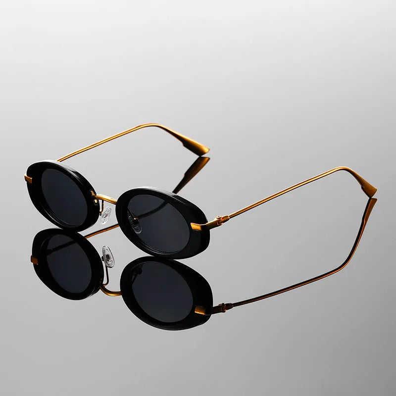 Micro oval retro sunglasses gold metal arms slim UV defense 90s minimalist lightweight vintage