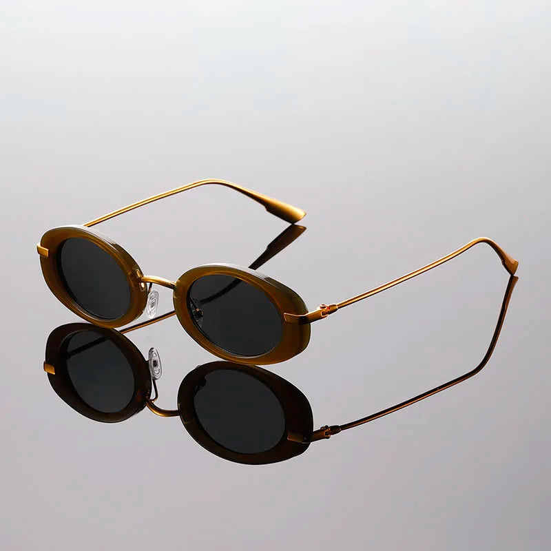 Micro oval retro sunglasses gold metal arms small lenses 90s minimalist UV defense lightweight