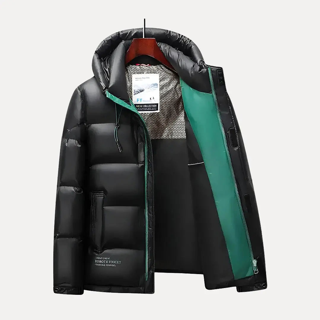 Orlando hooded down winter jacket, black puffer style with 90% down fill and protective hood