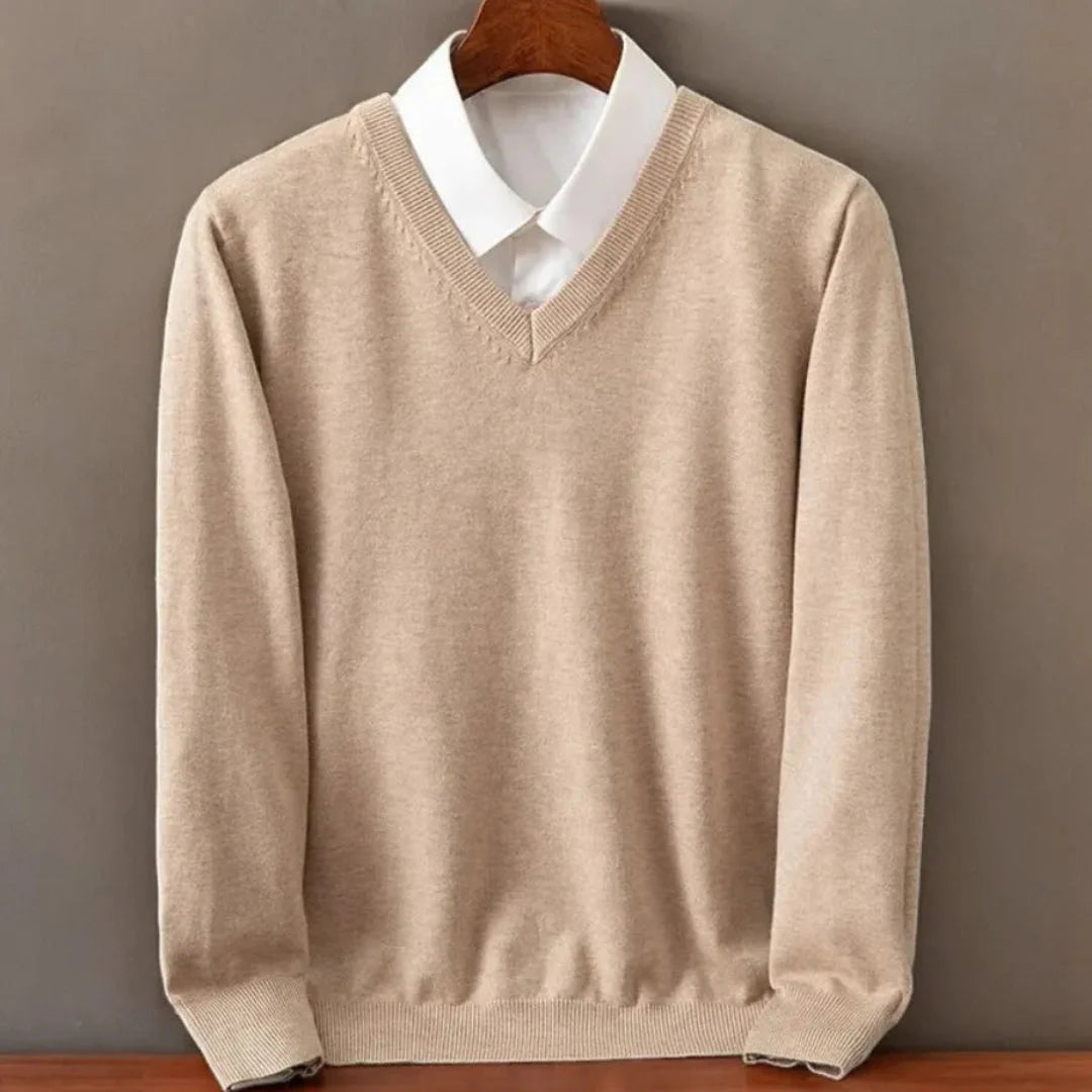 Men's camel cashmere V-neck sweater classic slim fit premium soft knit layering essential