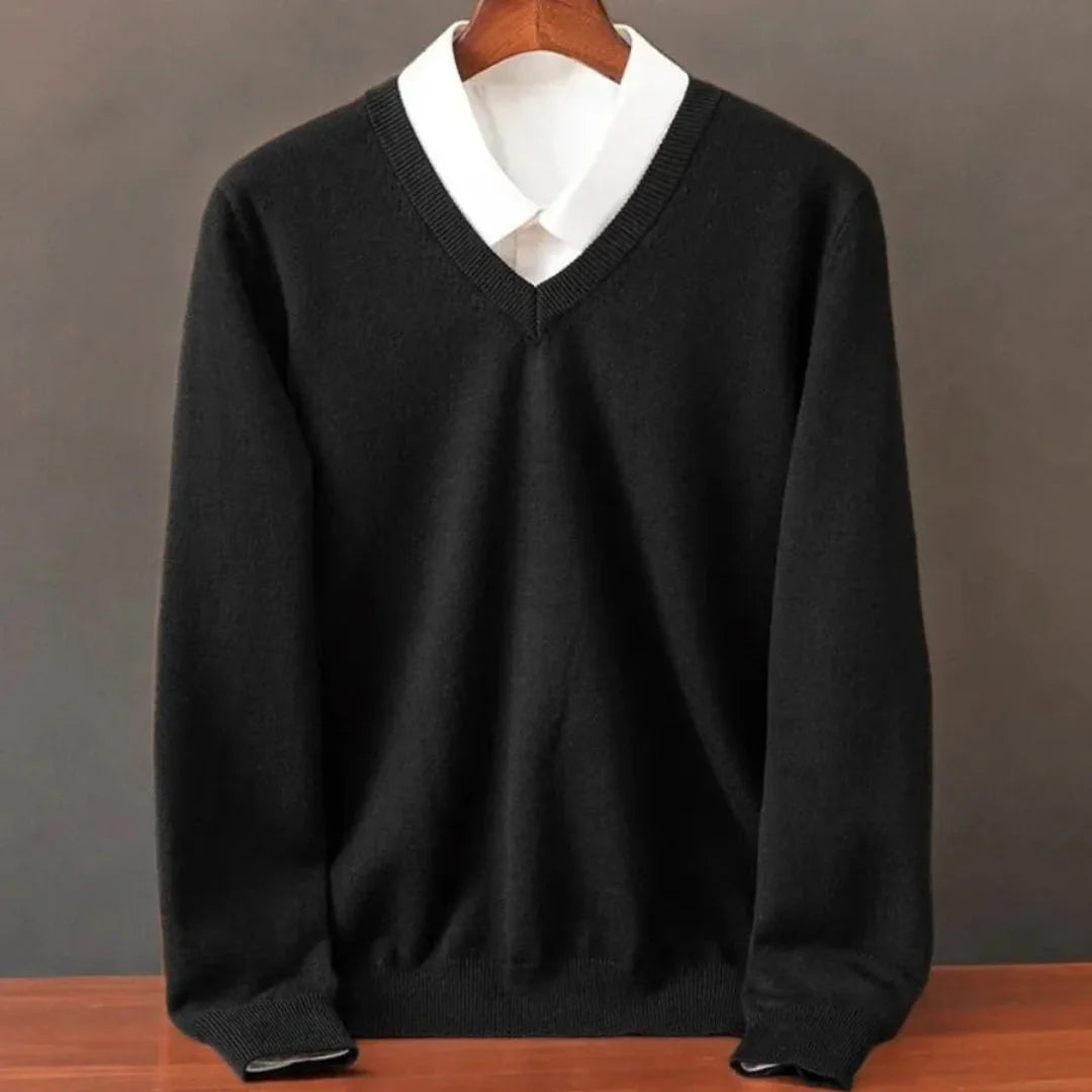 Men's beige cashmere V-neck sweater classic fit lightweight knit premium layering essential