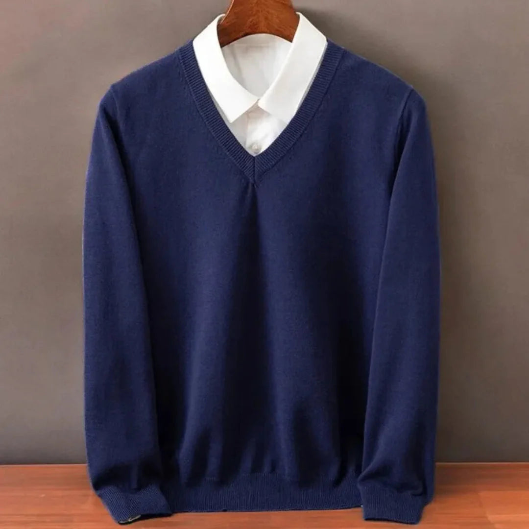 Men's camel cashmere V-neck sweater classic slim fit lightweight premium knit layering essential