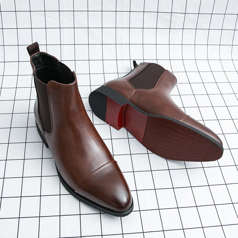 Men's high-gloss black PU leather Chelsea boots with elastic panels and bold red sole