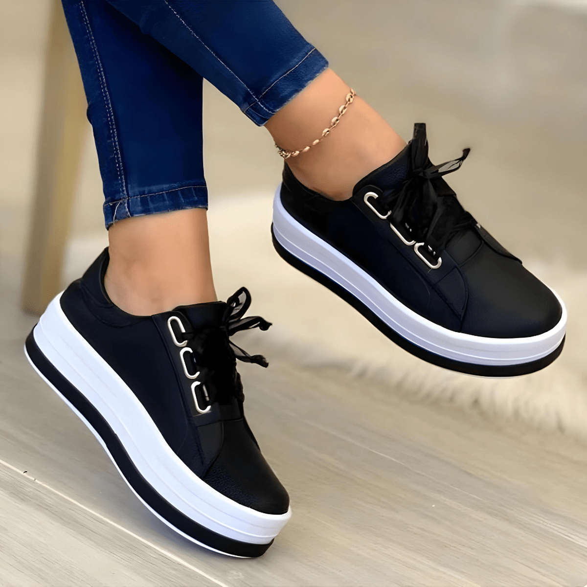 Women's rose gold platform sneakers with arch support cushioning and glossy shimmer finish