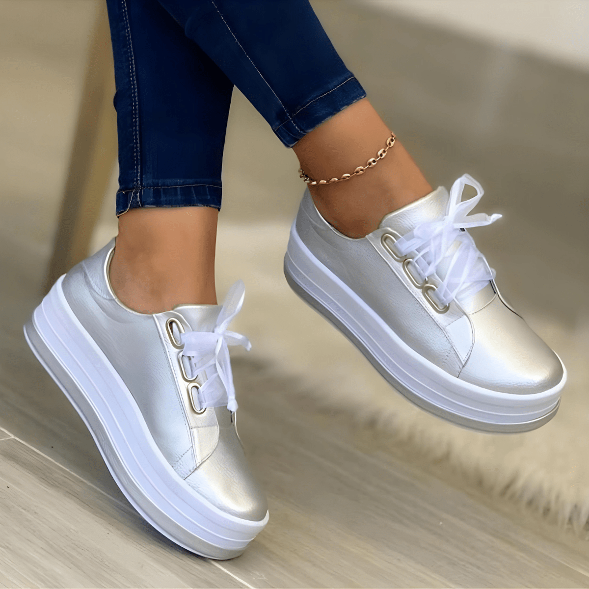Rose gold glossy platform sneakers with built-in arch support and cushioning sole for women