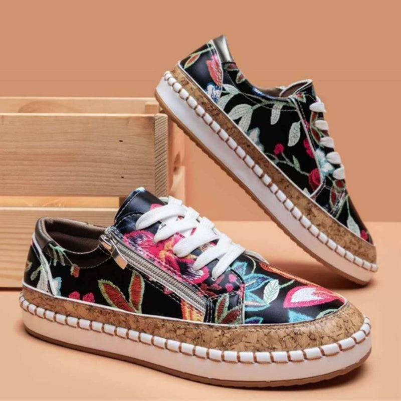 Cali orthopedic sneakers with cushioned orthotic sole, vibrant print, and side zip for easy wear
