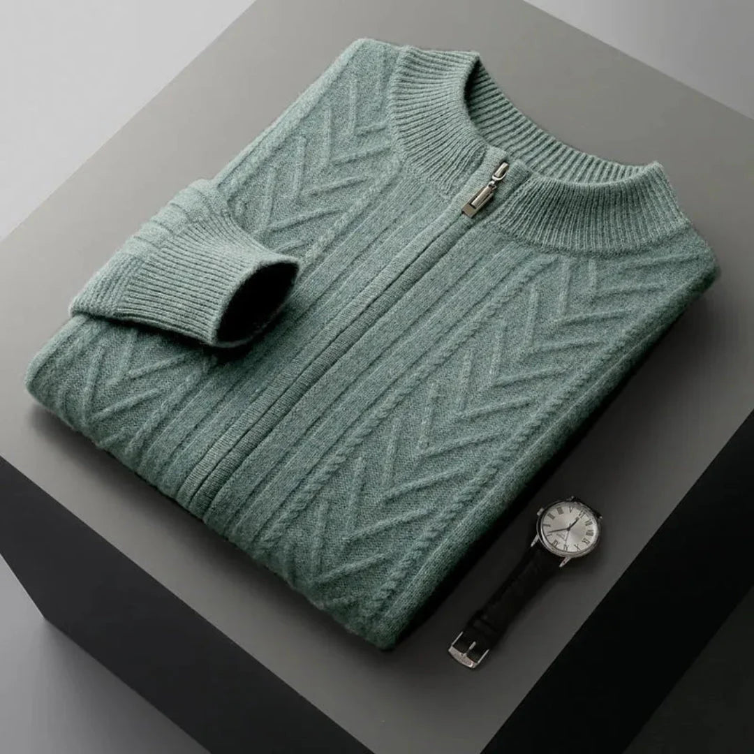 Oscar unisex merino wool full-zip sweater ribbed texture ultra-fine breathable warm casual layer