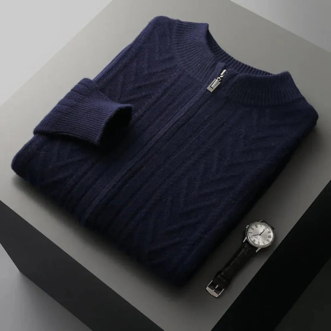 Oscar unisex merino wool full-zip sweater, ribbed texture, ultra-fine breathable warm casual layer