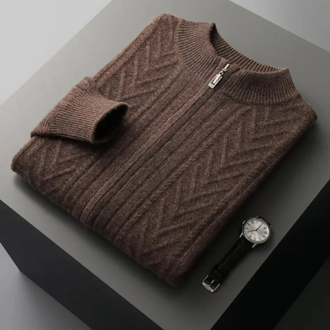 Oscar unisex merino wool full-zip sweater, ultra-fine ribbed texture, breathable warm casual layer