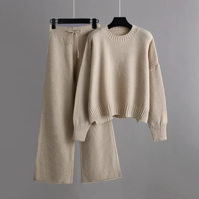 Women's soft knit loungewear set relaxed fit sweater wide-leg pants cozy everyday style