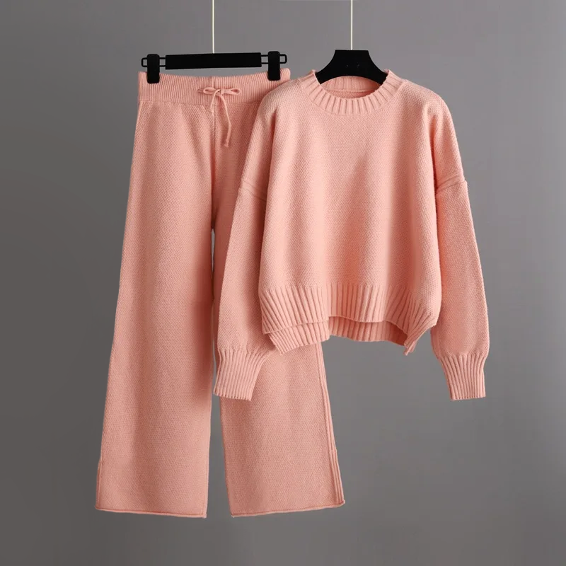 Women's soft knit loungewear set relaxed fit sweater wide-leg pants everyday cozy style