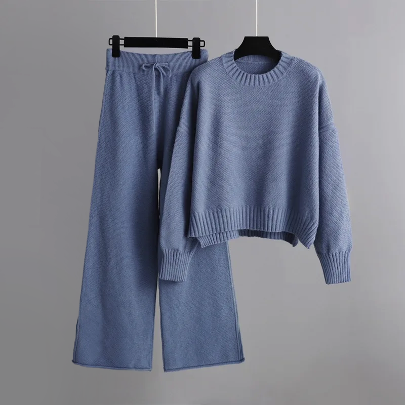 Women's soft knit loungewear set relaxed fit sweater wide-leg pants everyday cozy style