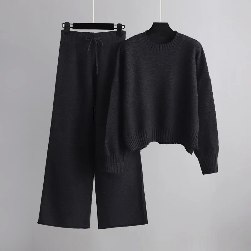 Women's soft knit loungewear set relaxed fit sweater wide-leg pants cozy everyday style
